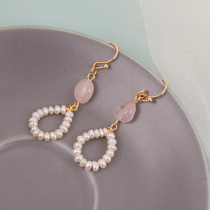 Fashion Pebble Pink Crystal Pearl Earrings Jewelry