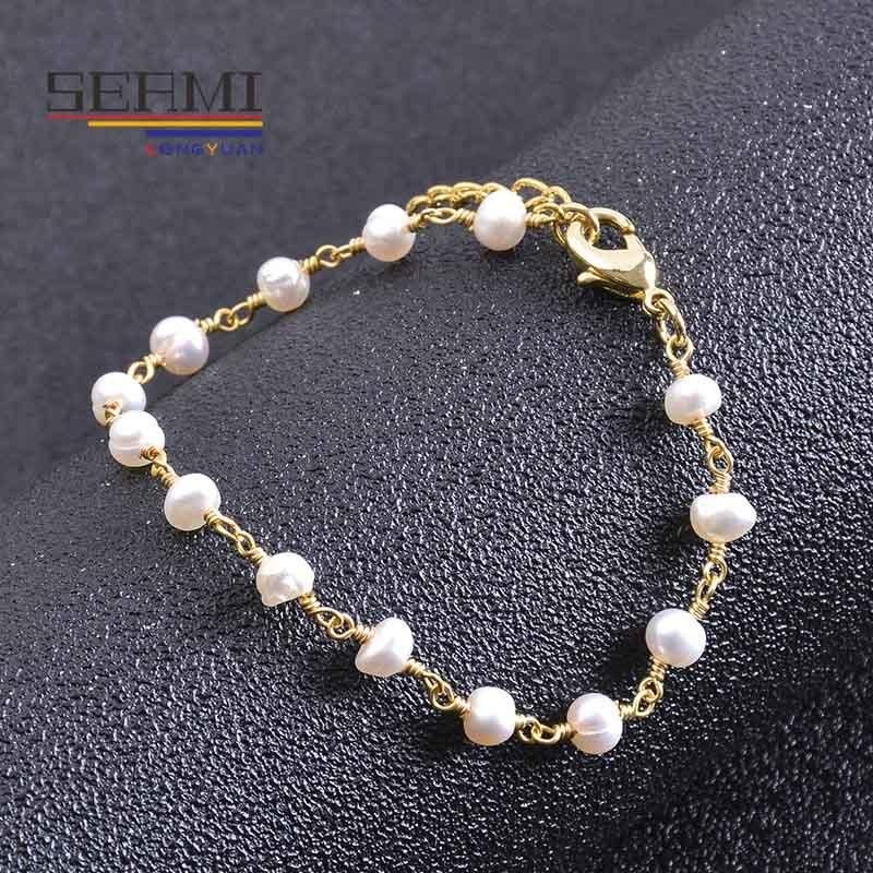 Initial Gold Plated Beaded Chain Women String Freshwater Pearl Bracelets