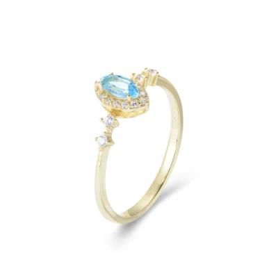 Hot Sale Natural Gemstone Ring Delicate Sky Blue Topaz Geometric 925 Silver Gold Plated Jewelry