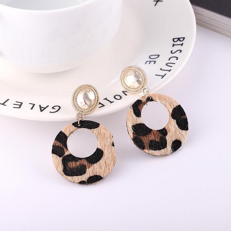 Fashion Jewelry PU Leather Leopard Elegant Horse Fur Circle Stud Earrings