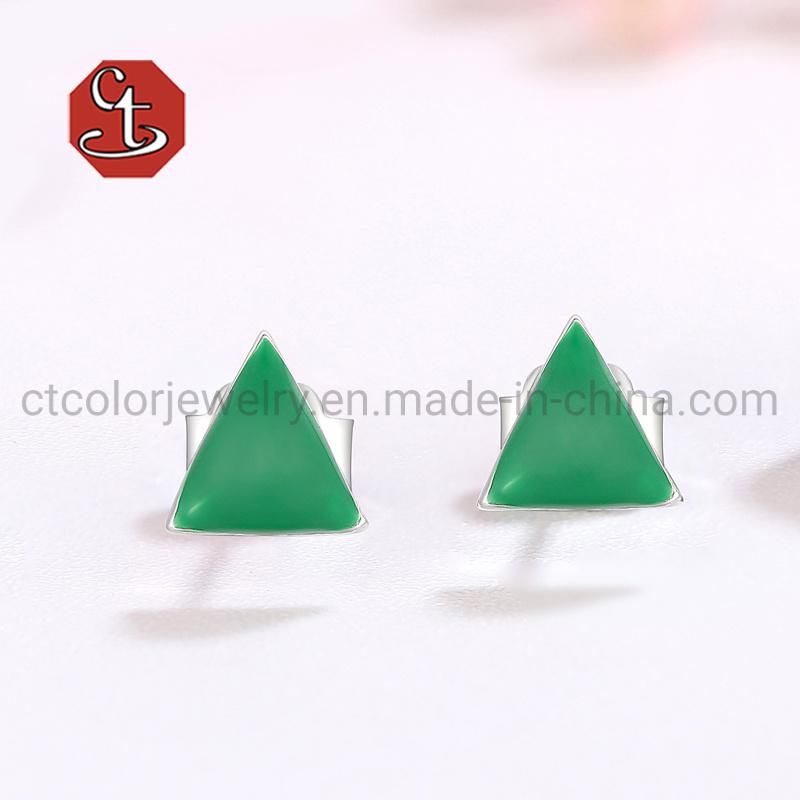 925 Silver with Triangle Shape Design Green and White Enamel Ear Studs Earrings Fashion Jewelry Jewellery