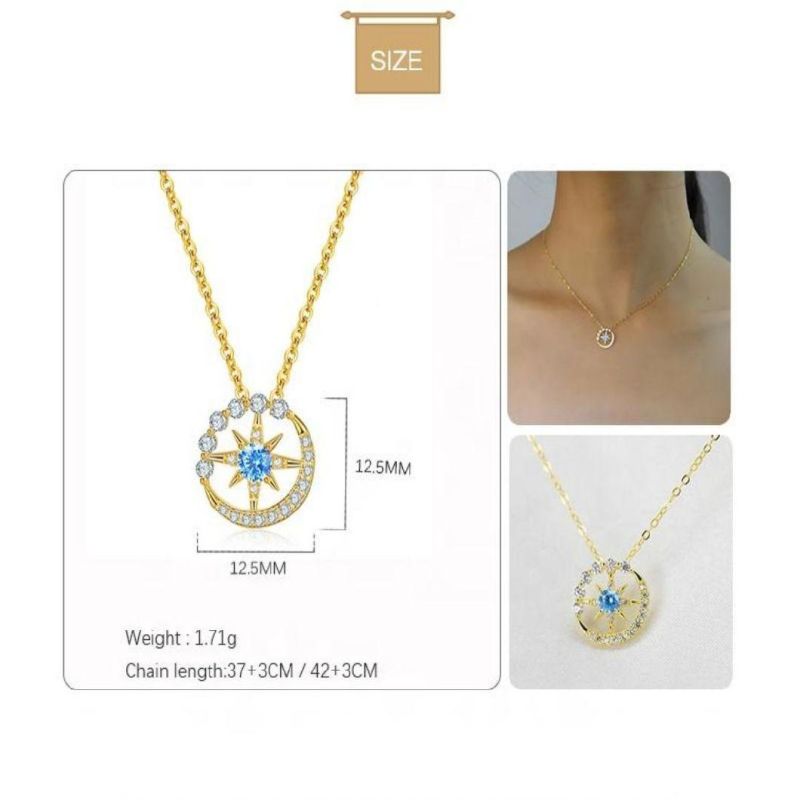 925 Silver Jewelry Blue Zircon Geometric Circle Pendant Clavicle Chain Necklace Women 14K/18K Gold Plated Jewelry