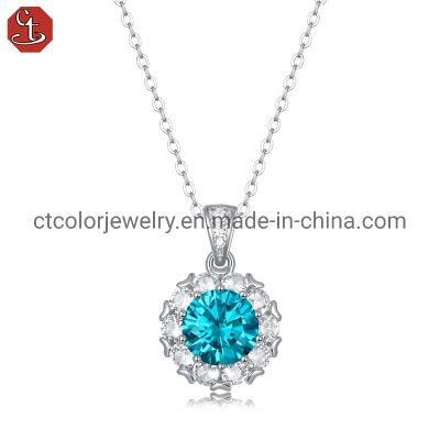 Hot Sale Fashion Jewelry Bule Moissanite Pendant Silver Necklace Women Jewellery