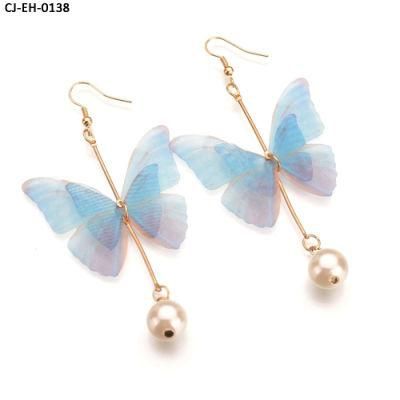 Korea Fashion Jewelry Wholesale Summer New Blue Pink Pearl Pendant Butterfly Earrings