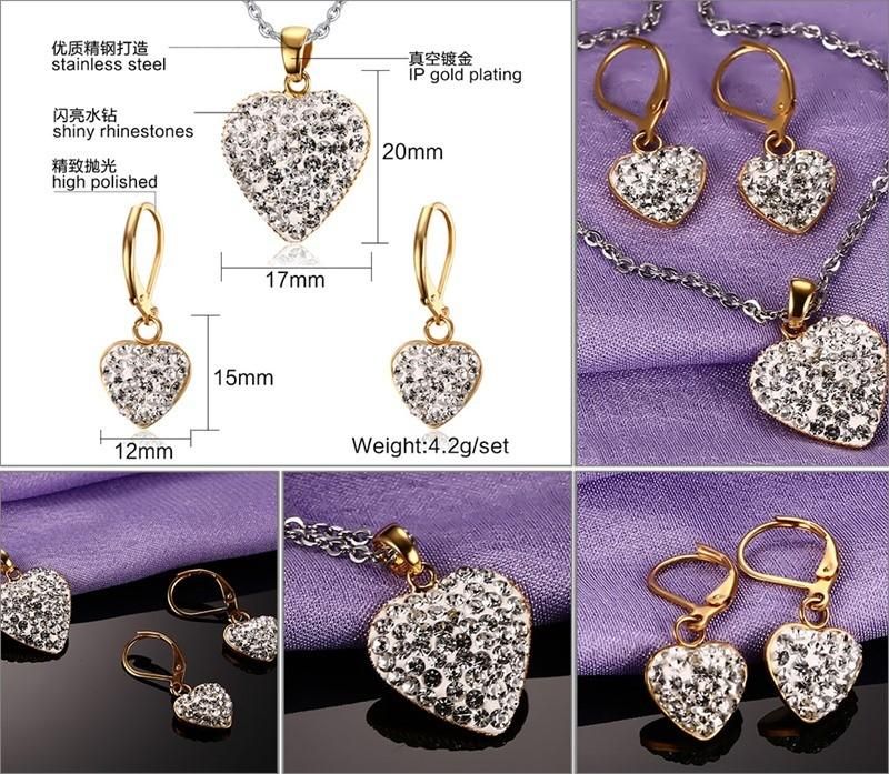 20mm Shiny Heart Crystal Necklace Jewelry Set with Hoop Earring