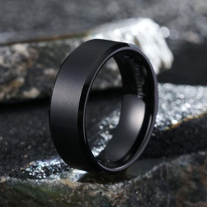 Basic Men Wedding Black Silver Tungsten Ring Matte Finish Beveled Polished Edge Comfort Fit