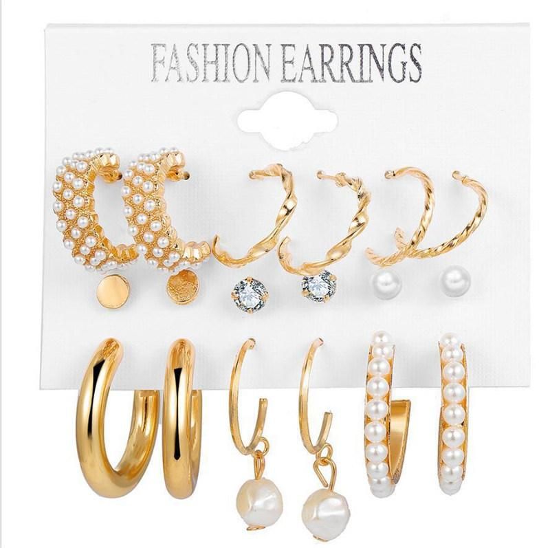 Basic Wholesale Manufacture 9 Pairs Pearl Crystal Glass Stud and Hoop Fashion Women Accessories