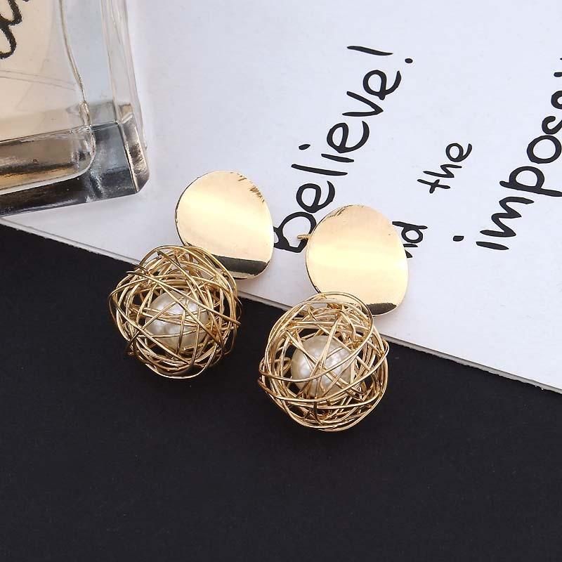 Women Golden Color Round Ball Geometric Earrings Fashion Jewelry Stud Earrings