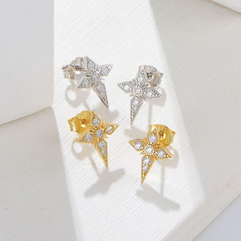 Latest Design Gold Plated 925 Sterling Silver CZ Diamond Religious Classic Cross Stud Earrings