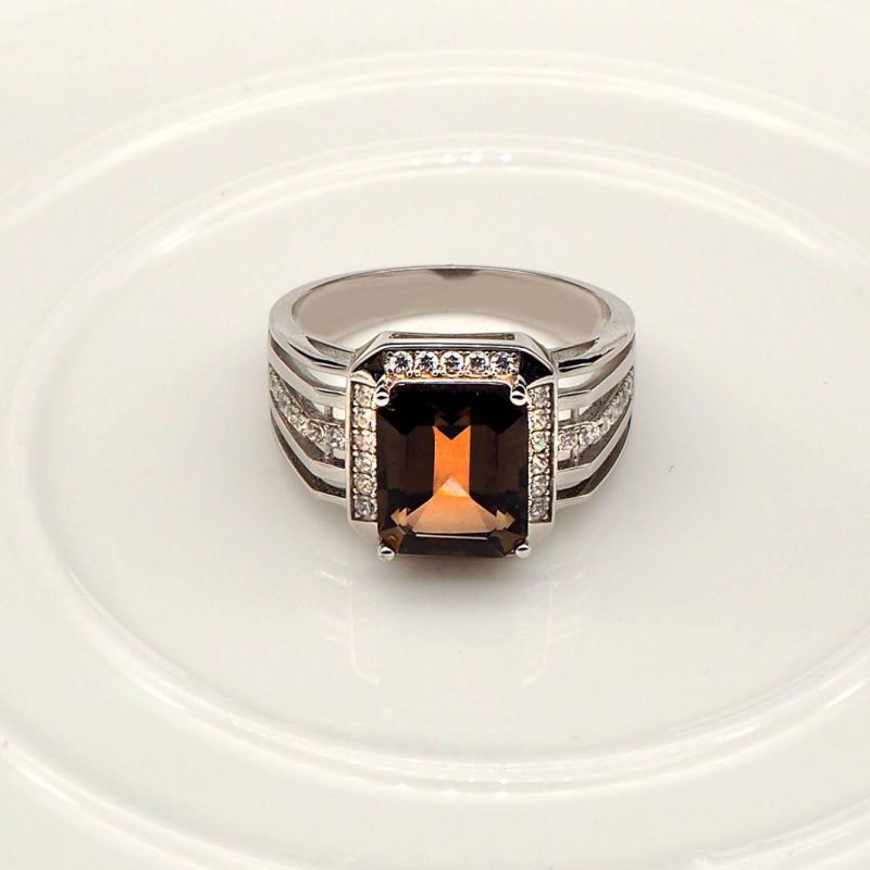 Fashion Jewelry 925 Sterling Silver Jewelry Men′s Ring with Gemstone Smoky Quartz