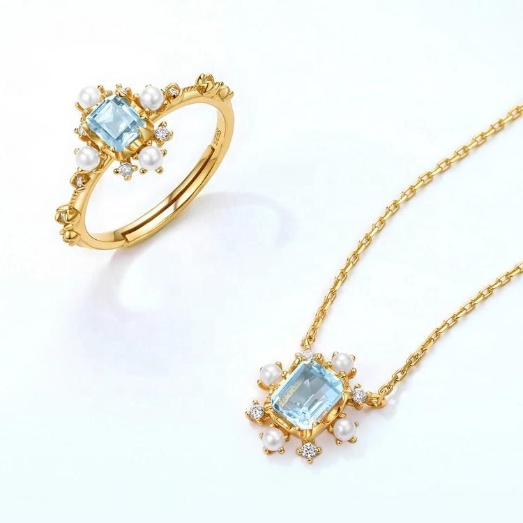 Wholesale 925 Silver Sky Blue Topaz Necklace Jewelry Trend Gold Plating Necklace with Zircon Pendant