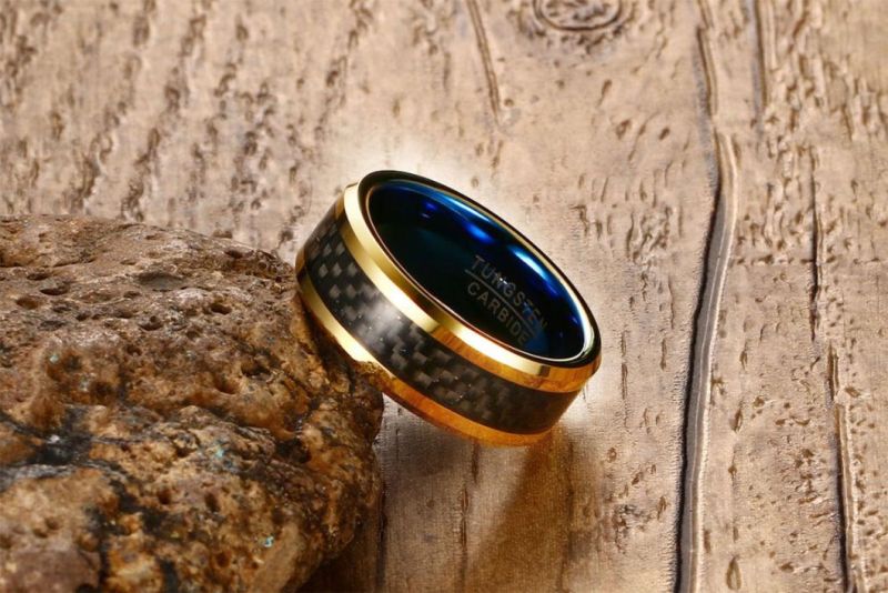 Jewelry Wholesale 8mm Tungsten Carbon Fiber Ring IP Gold Blue Fashion Ring Tst048