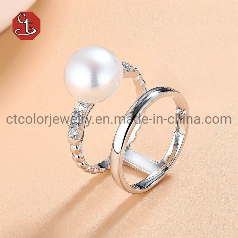 Fashion Freshwater Pearl Silver Rings Engagement Ring with CZ Jewelry for Women
