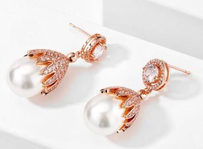 Rose Gold Pearl CZ Earring Jewelry, Wedding CZ Earring, Bridal CZ Earring