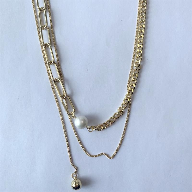 2 Layered Big Link Chain with Curb Chain Pearl Round Ball Necklace for Women Accessories