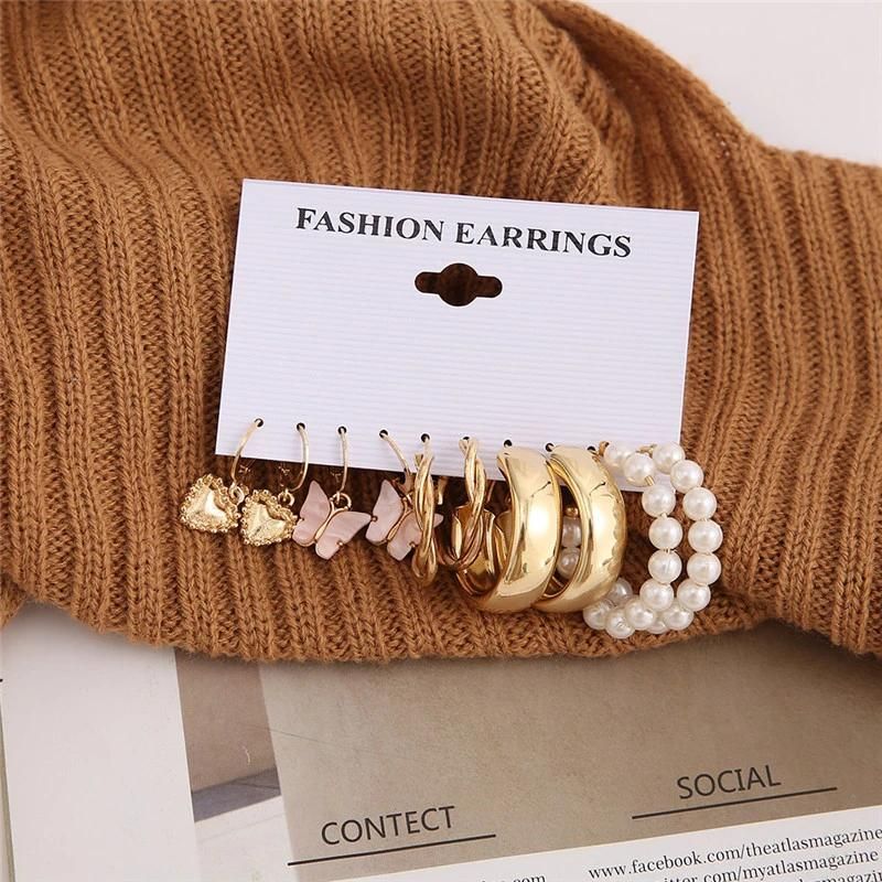 Manufacture New Trendy 6 Pairs Heart Butterfly Twisted Iron Pearl Hoop Earrings for Women