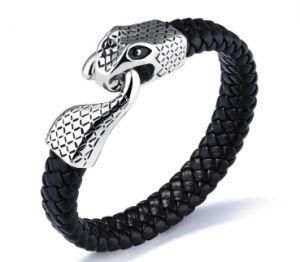 Newest Arrival Silver Charm Black Leather Bracelet for Men Boys Snake Clasp Christamas Gift Jewelry