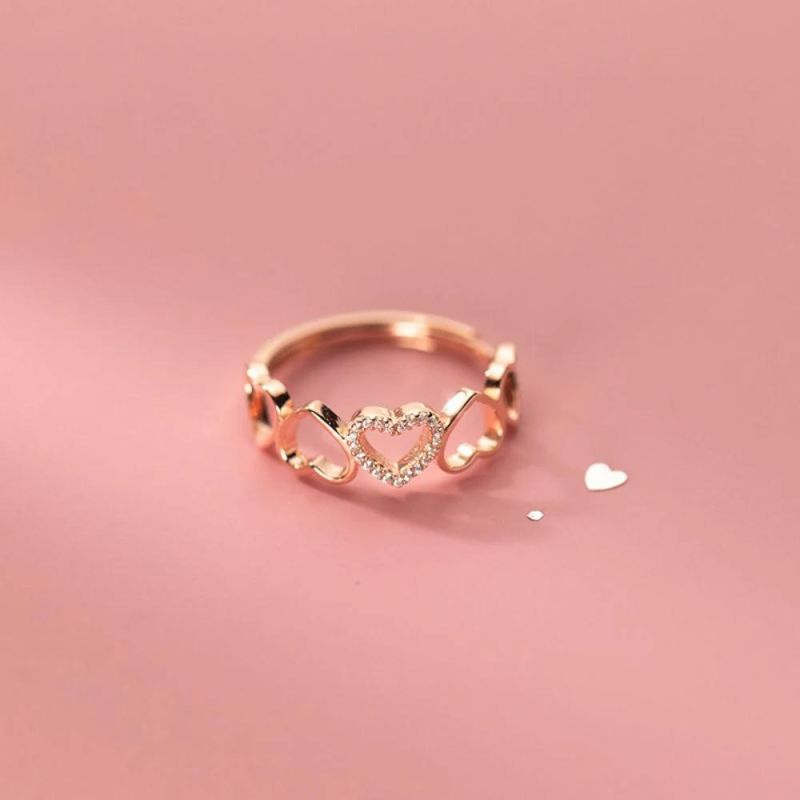 925 Sterling Silver Ring Hollow Heart Love with Zircon Adjustable Ring Cocktail Ring for Women Fine Jewelry