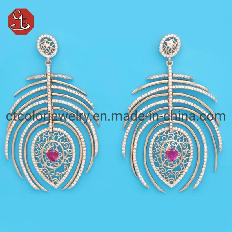 Peacock Feather Plain And CZ Line Dangle Drop White And Black Earring Fashion Silver Jewelry