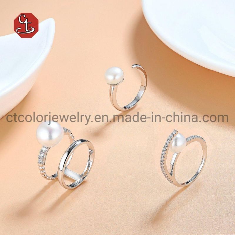 Fashion Jewelry 925 Silver Jewelry Leaves and Natural Fresh Water Pearl Set Ring for Women