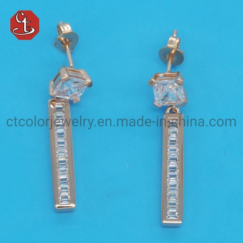 Women Popular Baguette TP CZ Stone SQ Long Brass & Silver Jewelry Dangle Earring 