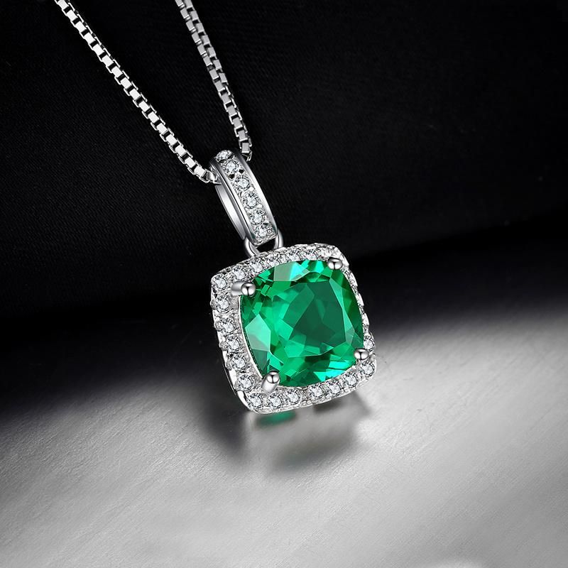 Classic Cushion Nano Russian Simulated Emerald Pendant Necklace 18 Inches 925 Sterling Silver Jewelry