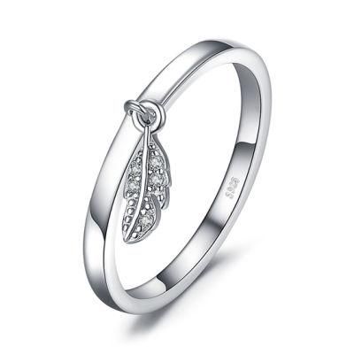 Fashion Jewellery Dangle Leaf Charm Feather Ring 925 Sterling Silver Jewelry Wholesale
