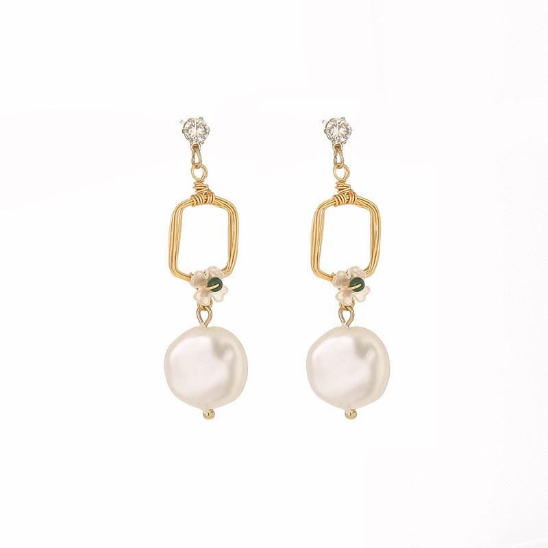 Wholesale Manufacture New Trendy Geometric Square Wirs Coin Pearl Flower Shell Drop Earrings with Crystal Cubic Zircon for Fashion Women Accessories