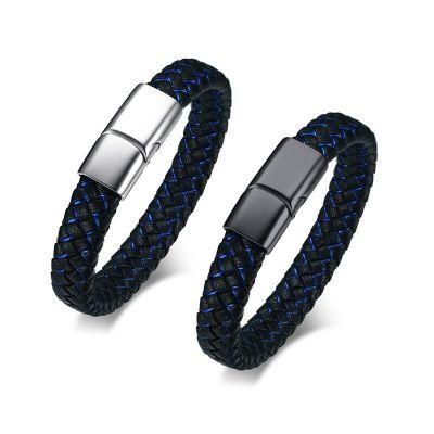 Wholesale Luxury Hot Sale Classcial Stainless Steel Leather Bracelet Men&rsquor; S Ultra-Slim Leather Bracelet, Blue and Black Leather Bracelet