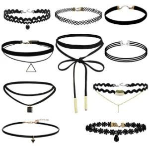 10PCS/Set New Gothic Tattoo Leather Choker Necklaces Set for Lady Hollow out Black Lace Necklace Jewelry Collier Chain