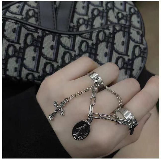 Disco Chain Combination Ring Punk Fan Open Cross Conjoined Black Tie Ring Index Finger Ring for Women Party Gift Dropshipping Wholesale