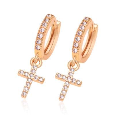 Brass Zirconia 18K Gold Fashion Cross Dorp Hoop Earrings