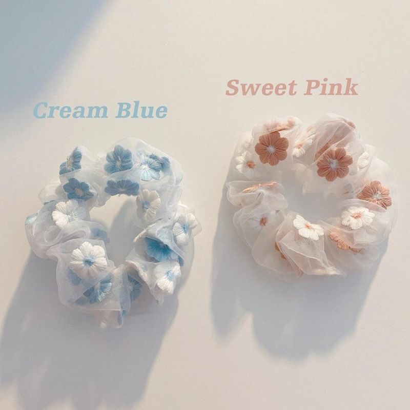Fashion Hair Accessories Embroidered Floral Hair Rings Organza Hair Rope