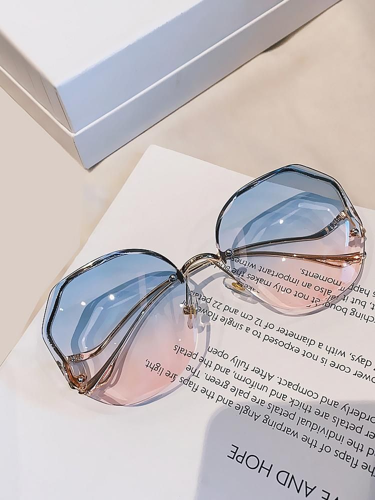Retro Glasses Polygon Sunglasses Rimless Trim Sunglasses Female Personality Curve Mirror Legs Sunglasses Men Gradient Color Cross-Border Glasses