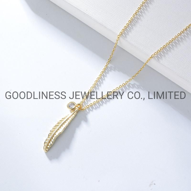 925 Sterling Silver Fine Jewelry Women Feather Pendant Necklace