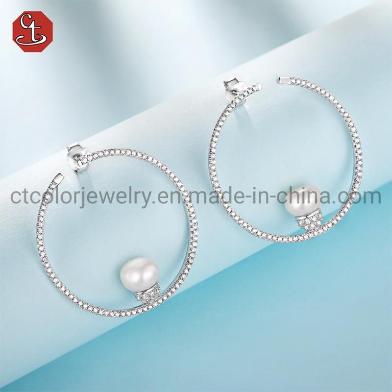 Big Circle Dangle 925 sterling siliver Bling White nature pearl Earrings for women