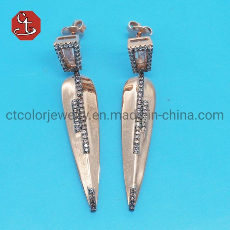 Women Popular Baguette Stud Hot Sale CZ Plain Knife sharp Dangle Earring Brass & Silver Jewelry