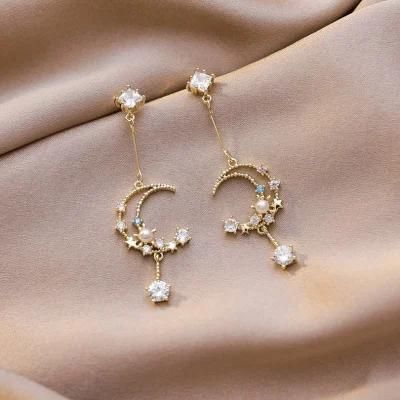 Women Fashion Gold Plated Star Moon Shaped Tassel Sparkling Earring