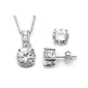 Cubic Zirconia Round Halo Earrings and Pendant Necklace Jewelry Set