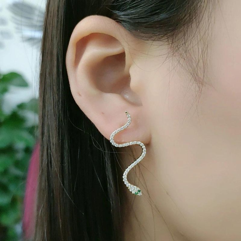 Fashion 925 Sterling Silver 14K Gold Plated Zircon Snake Stud Earrings