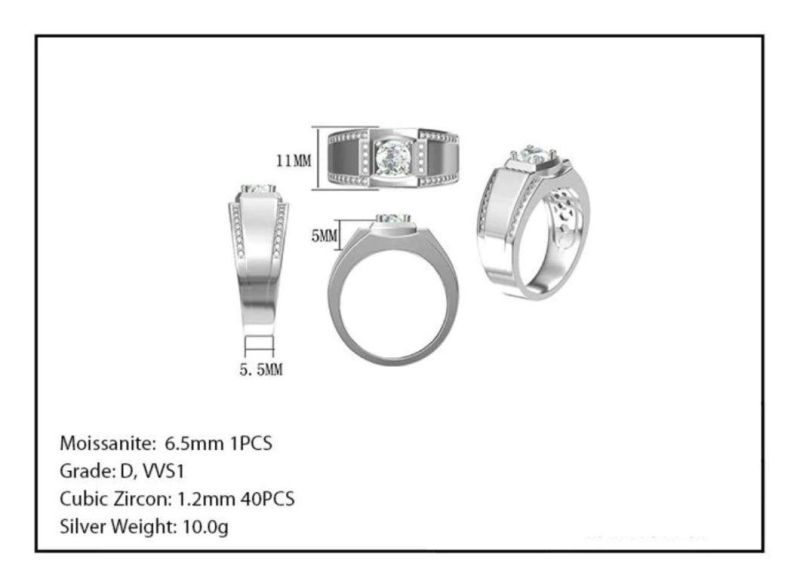 925 Sterling Silver Moissanite Men′ S Ring 1.0CT Round Cut D Color Engagement Anniversary Ring for Men Birthday Gift