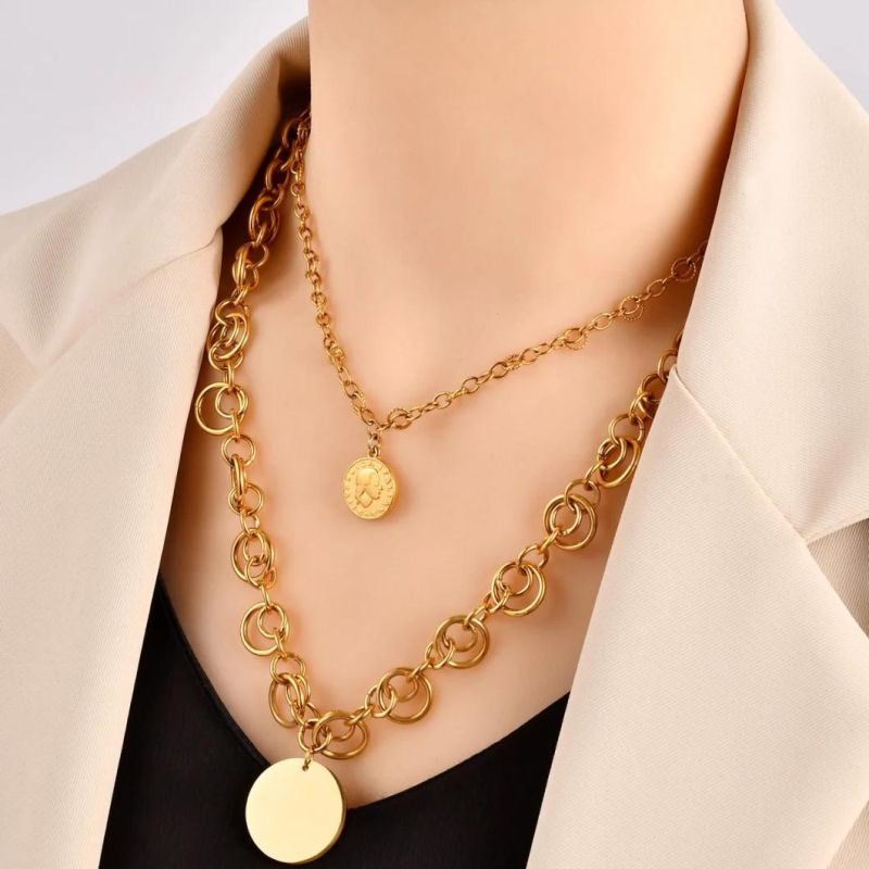 Fashion Gold Plated Circle Link Round-Shaped Charm Pendants 15inch, 22inch Layer Necklace for Men Women