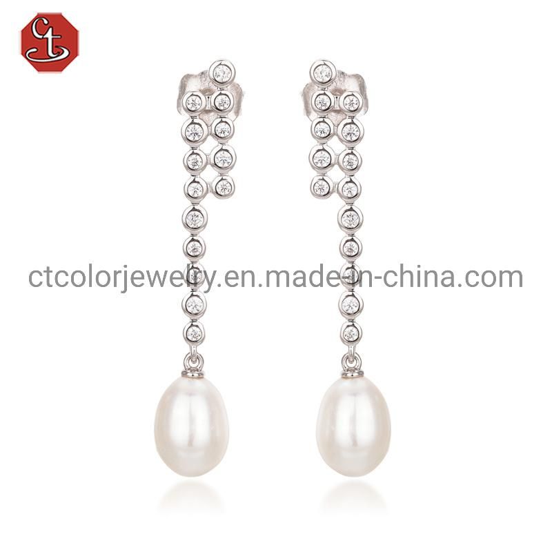 Trending earrings 2021 long drop pearl elegant zircon silver Earrings