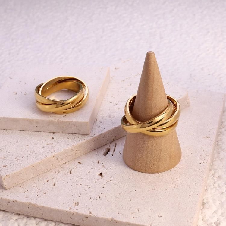 Stock Fine Jewelry Stainless Steel Gold Plated Minimalist Three-Ring Finger Ring