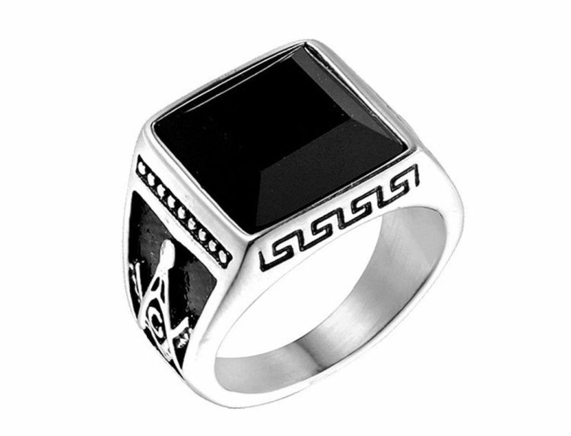 Hot-Selling Classic Retro Rings in Europe and America Titanium Stainless Steel Black Agate Masonic AG Ring for Men Sgmr1090