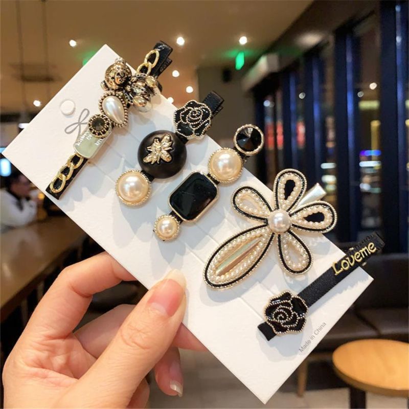Net Red Hot Style Scissors Pearl Feather Six-Piece Hair Clip, Bear Girl Side Clip, Word Clip Duckbill Clip Hair Accessory