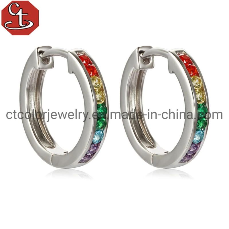 Fashion 925 Silver Huggie Hoop Earring with Rainbow CZ Stones for Women