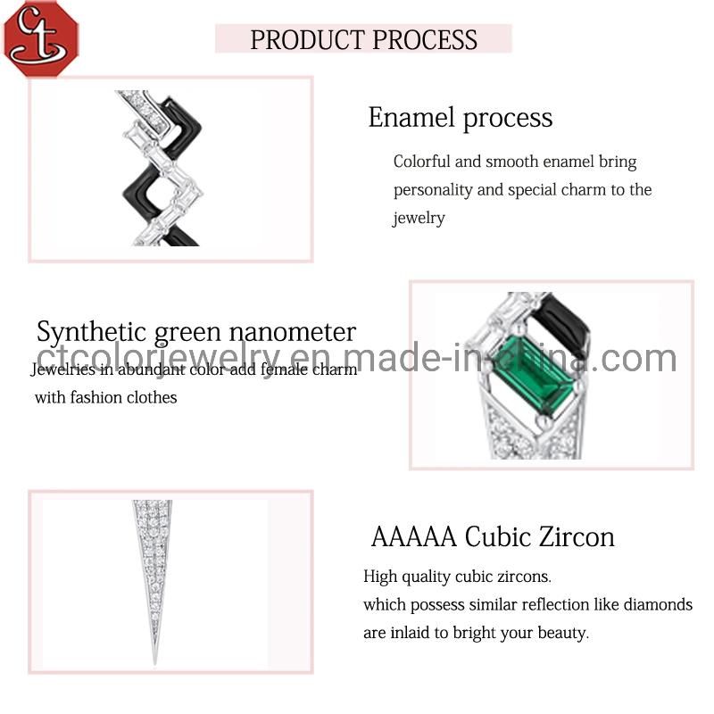 Women Girl Gift Fashion White Black Color Enamel Green CZ Cubic Zirconian Earring Sterling 925 Silver Jewelry