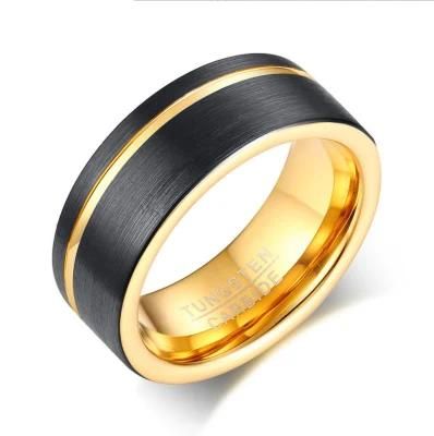 Popular Jewelry Wholesale 8mm Tungsten Steel Slotted Ring Black and Gold Men&prime; S Ring