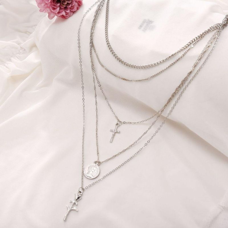 Cross-Border Creative Retro New Fashion Cross Rose Multilayer 5 Layer Necklace Women